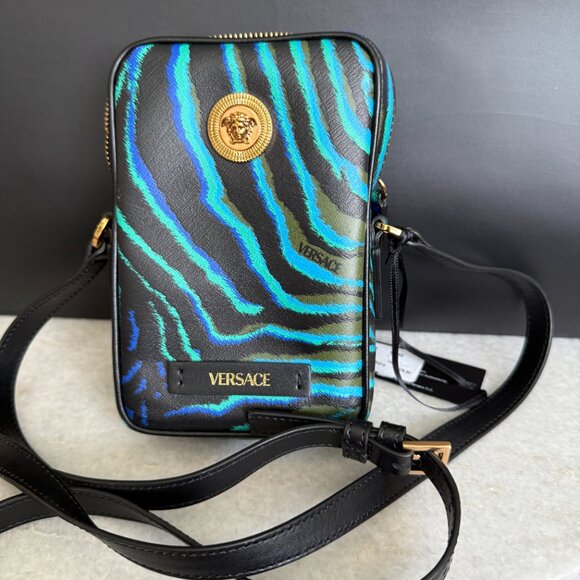 Versace Medusa Printed Calf Leather Tiger Blue/Black 100792 Phone case Bag - Picture 15 of 16